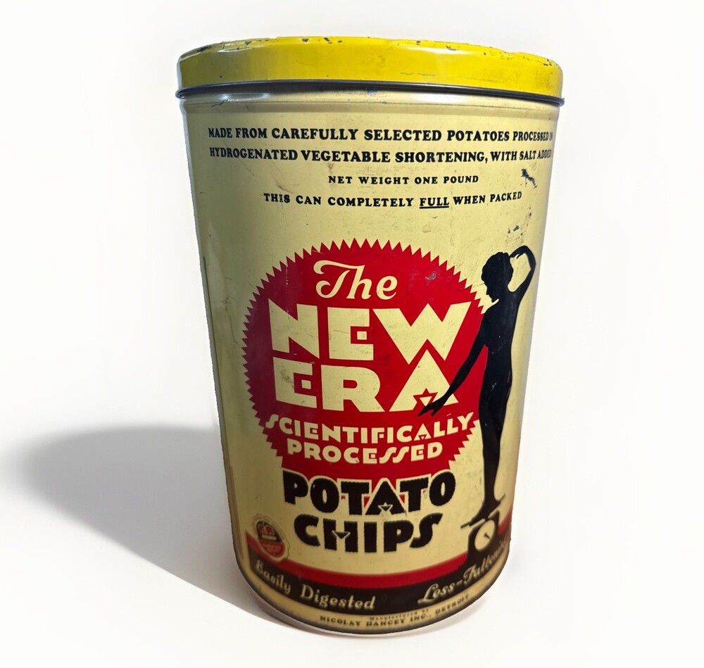 Vintage c1955 New Era Potato Chips Tin Nicolay Dancey Detroit Advertising 1 Lb